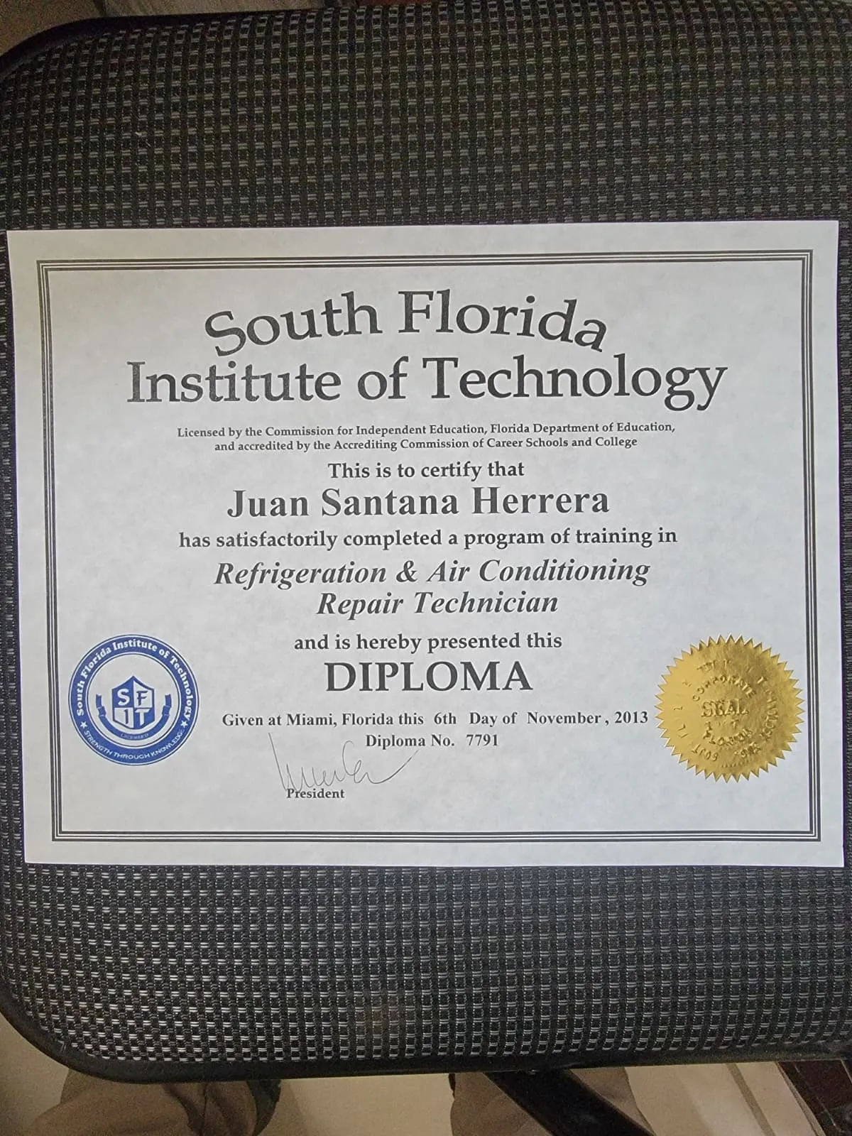 Diploma del South Florida Institute of Technology — Refrigeración y A/C