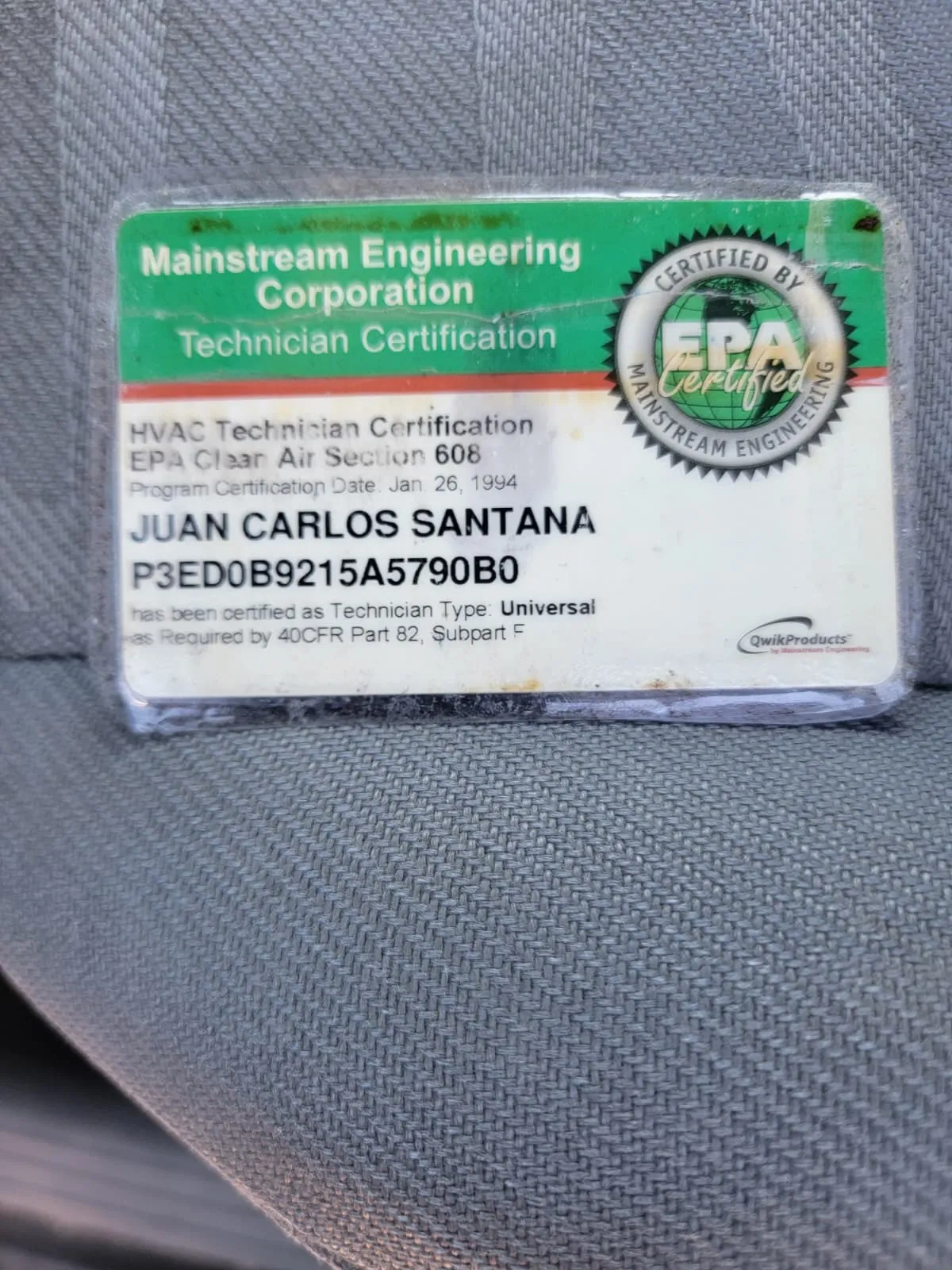 Certificación EPA 608 Universal de Juan Carlos Santana